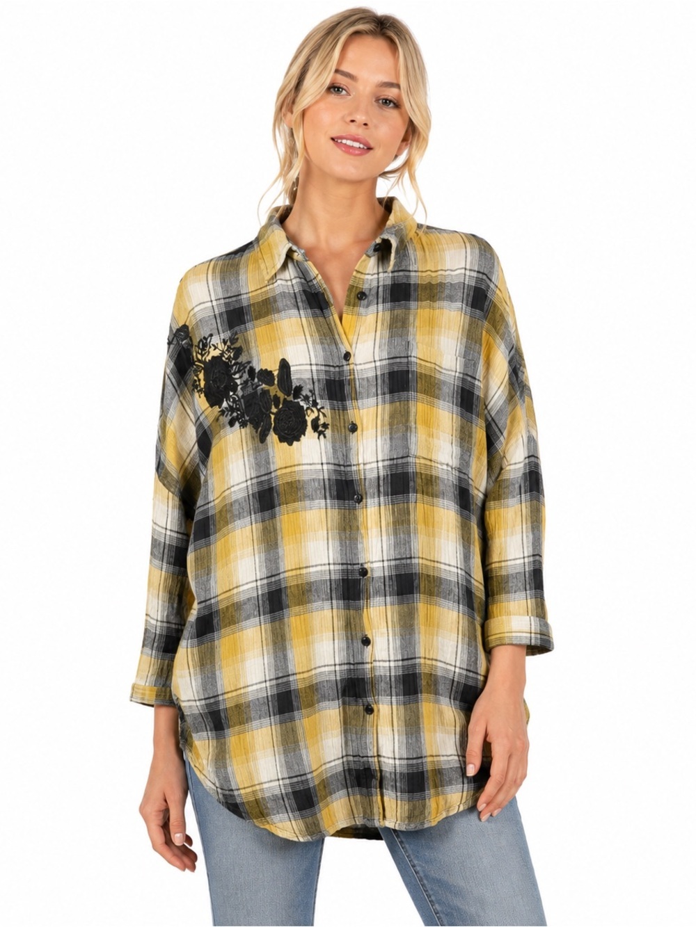 Anthropologie Maeve Yellow Plaid Oversized Embroidered Shirt Top Womens Size M/L